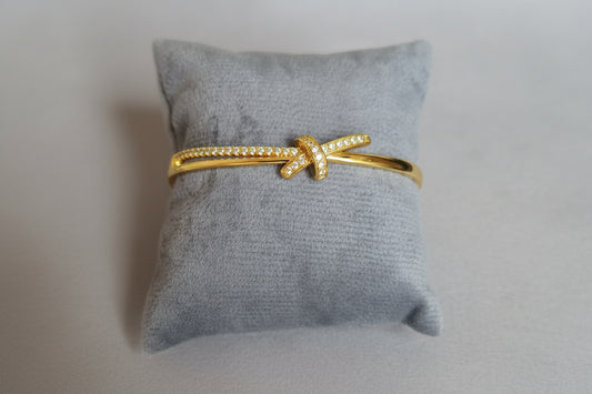 Gold Plated Knot Cuff Bracelet for Women | Crystal Studded Open Bangle | Anti Tarnish Adjustable Minimal Bracelet for Daily & Party Wear
