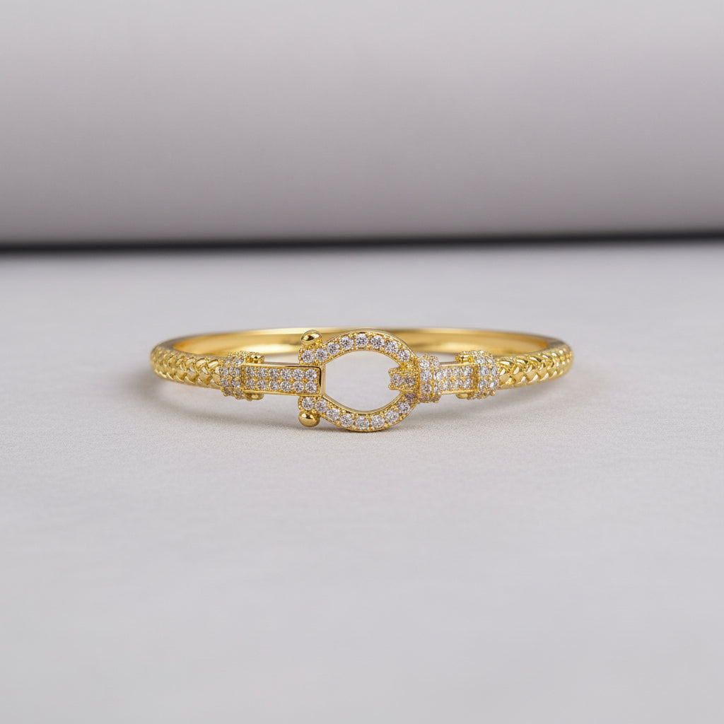 Luxury Lock Design Gold Plated AD Bracelet for Women | Anti Tarnish American Diamond Cuff Bracelet | Party Wear Statement Kada