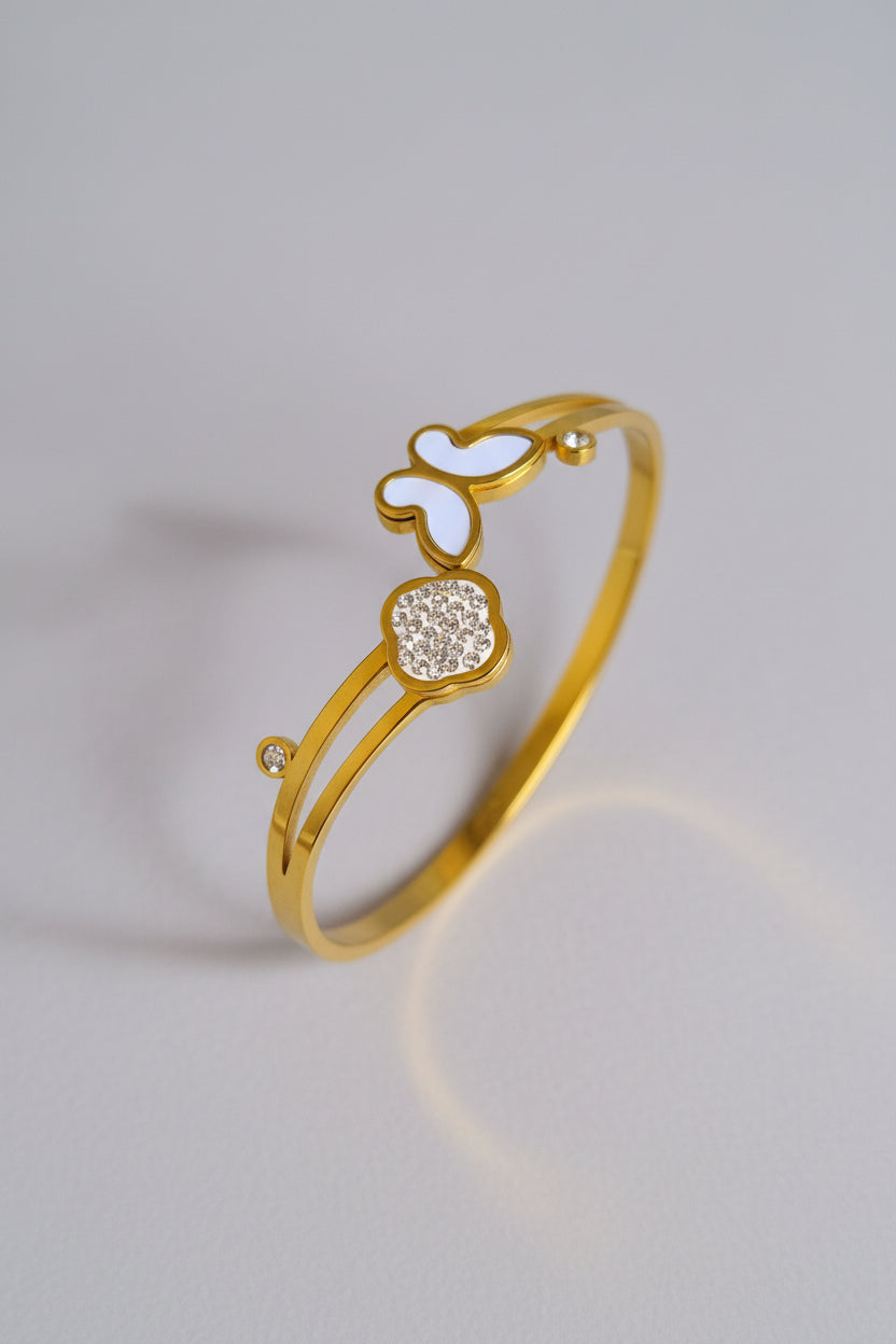 Luxury Butterfly & Clover Open Cuff Bracelet for Women | Gold Plated Anti Tarnish Adjustable Bangle | Korean Style Minimal Designer Bracelet