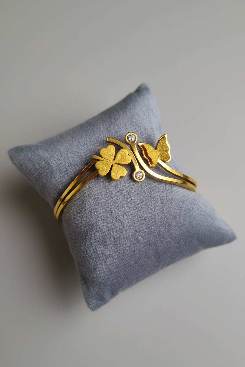 Gold Plated Butterfly & Clover Bracelet for Women | Elegant Crystal Designer Open Bangle