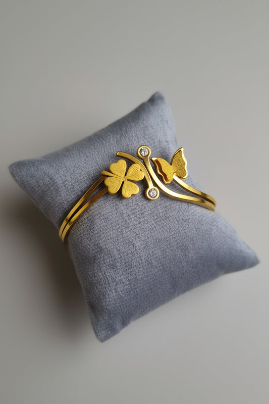 Gold Plated Butterfly & Clover Bracelet for Women | Elegant Crystal Designer Open Bangle