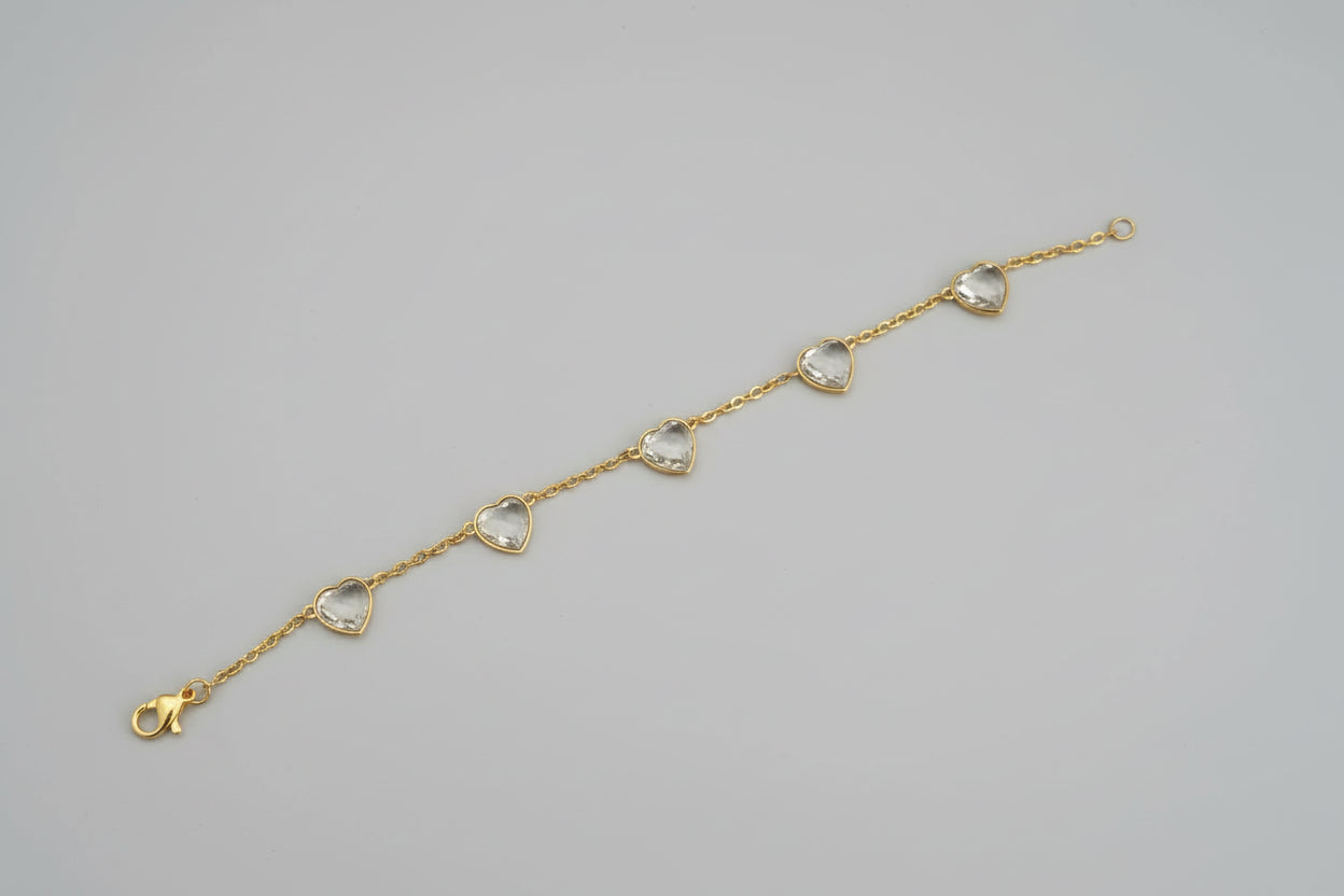Gold Heart Crystal Chain Bracelet for Women | Dainty Adjustable Heart Link Bracelet | Minimal Romantic Jewelry