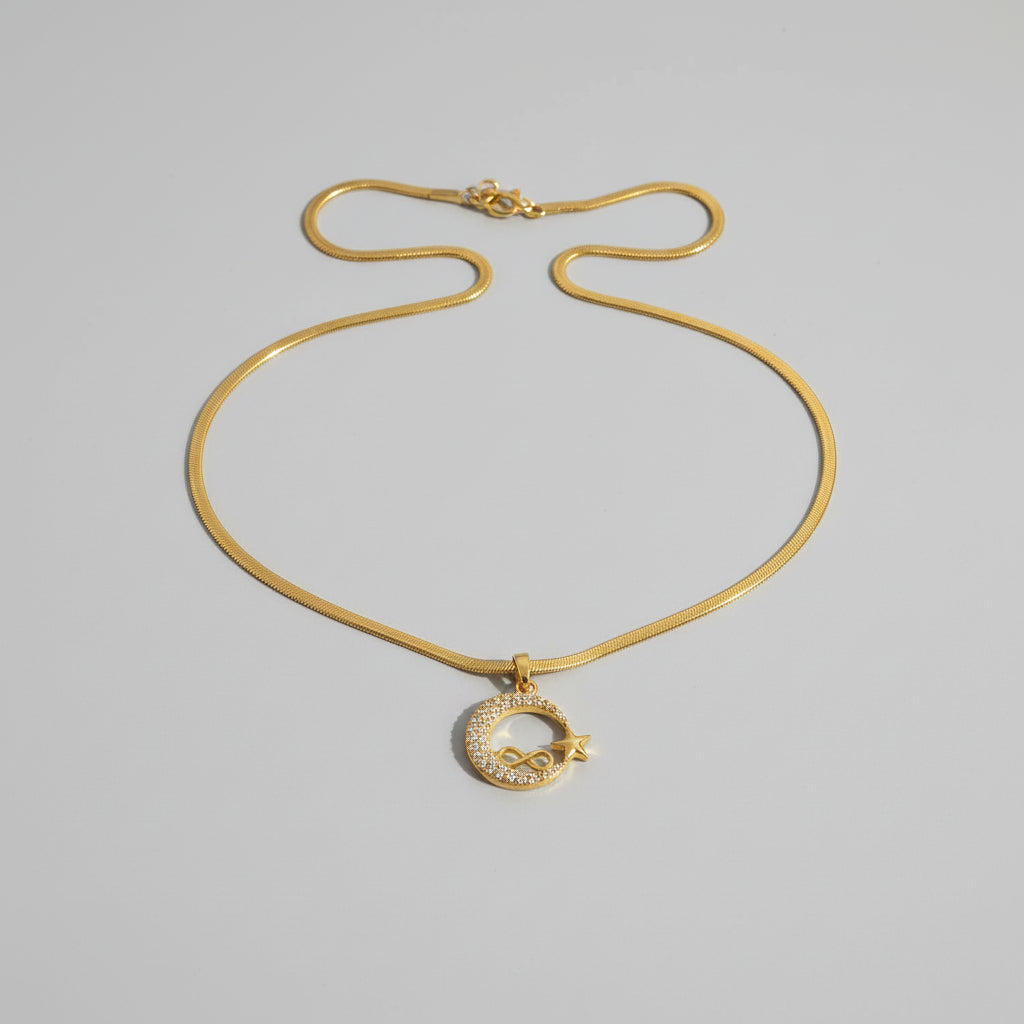 Gold Crescent Moon & Star Pendant Necklace for Women | Infinity Charm Snake Chain | Dainty Celestial Jewelry