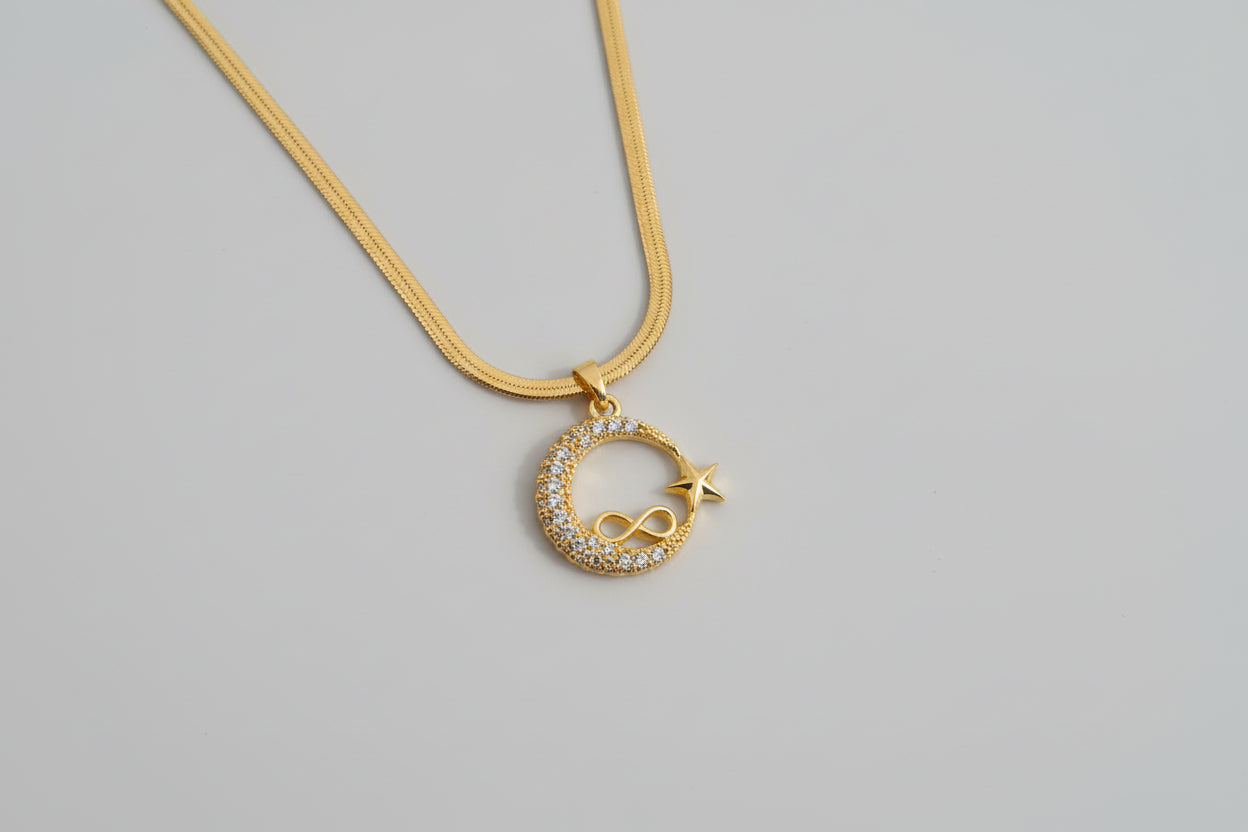 Gold Crescent Moon & Star Pendant Necklace for Women | Infinity Charm Snake Chain | Dainty Celestial Jewelry