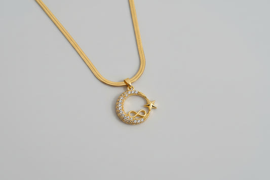 Gold Crescent Moon & Star Pendant Necklace for Women | Infinity Charm Snake Chain | Dainty Celestial Jewelry
