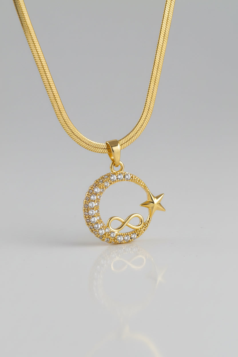 Gold Crescent Moon & Star Pendant Necklace for Women | Infinity Charm Snake Chain | Dainty Celestial Jewelry