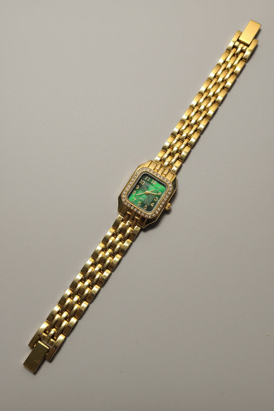Luxury Gold Bracelet Watch for Women with Green Dial & Stone Studded Bezel