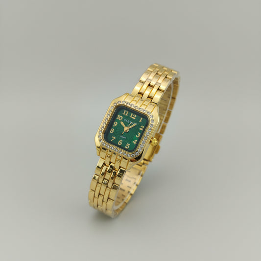 Luxury Gold Bracelet Watch for Women with Green Dial & Stone Studded Bezel