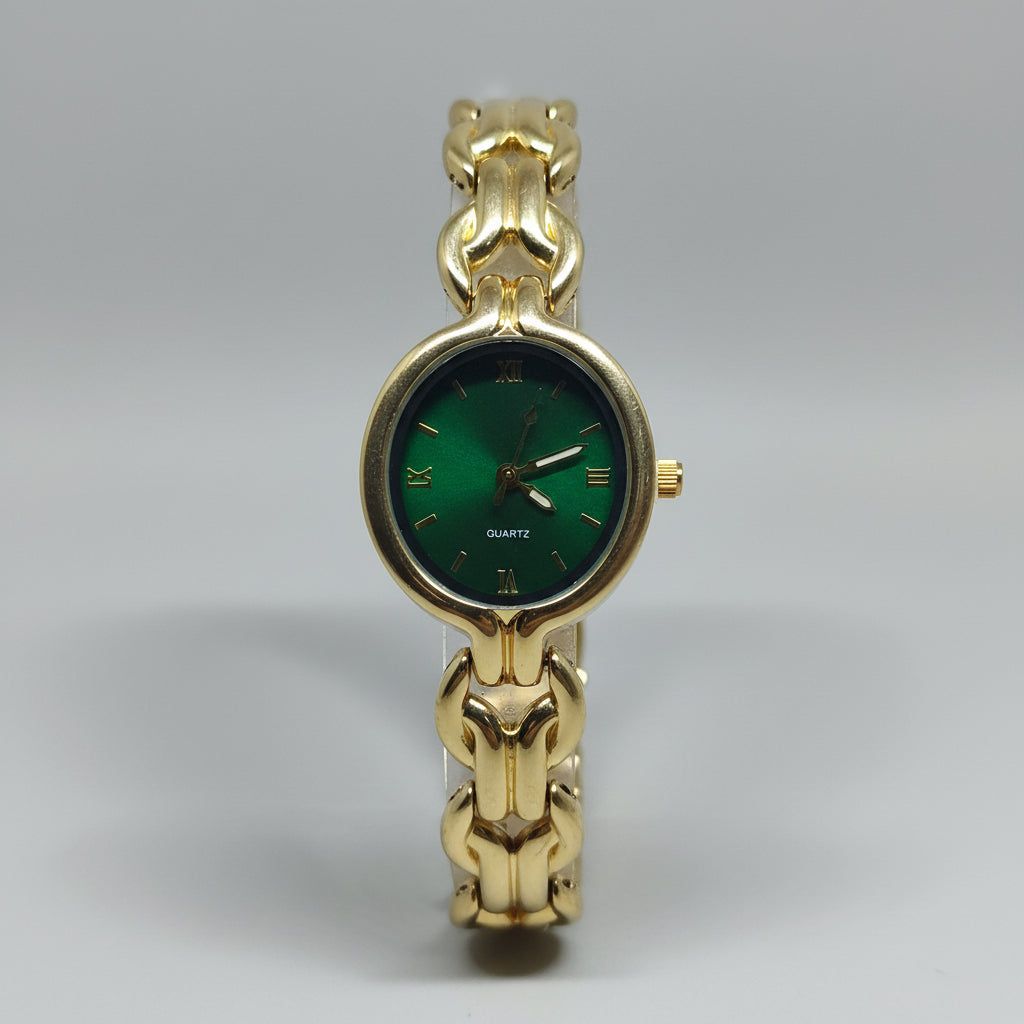 Luxury Gold Chain Watch for Women | Emerald Green Dial Statement Bracelet Watch
