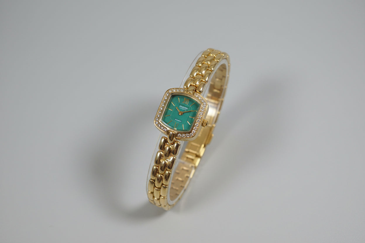 Luxury Green Dial Crystal Frame Watch for Women | Gold Bracelet Statement Watch
