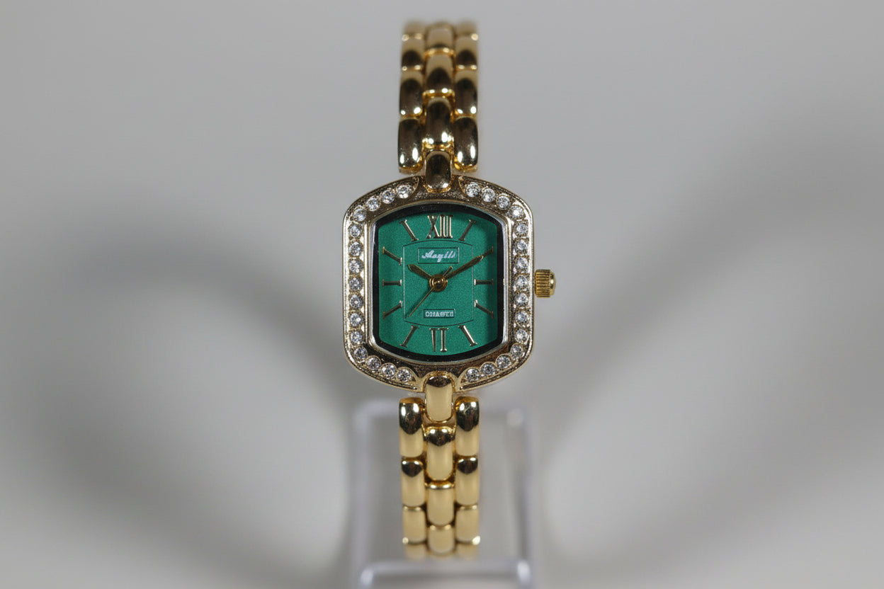 Luxury Green Dial Crystal Frame Watch for Women | Gold Bracelet Statement Watch