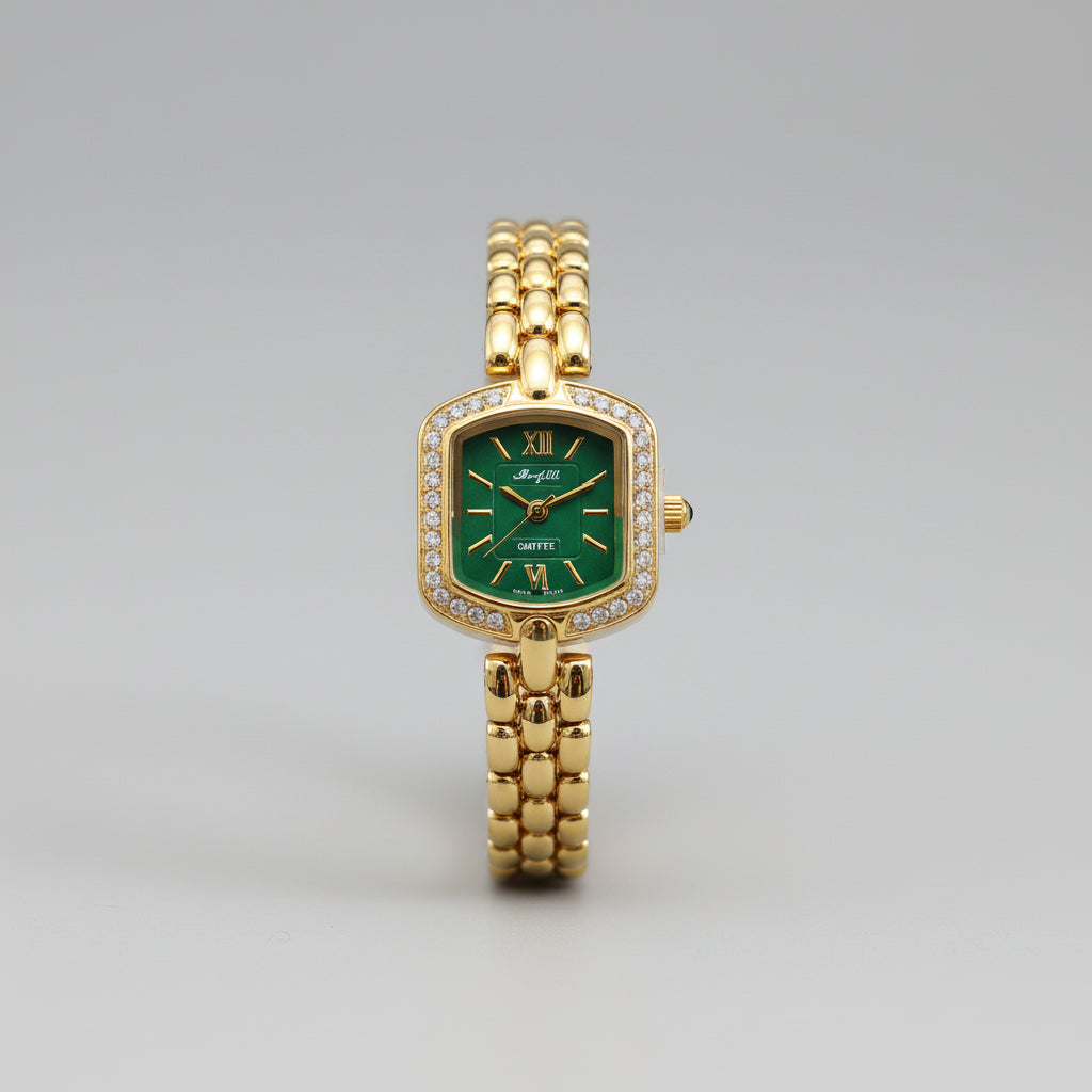 Luxury Green Dial Crystal Frame Watch for Women | Gold Bracelet Statement Watch