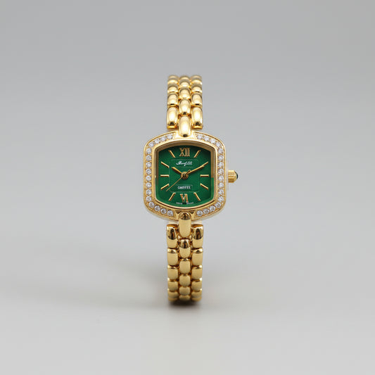 Luxury Green Dial Crystal Frame Watch for Women | Gold Bracelet Statement Watch