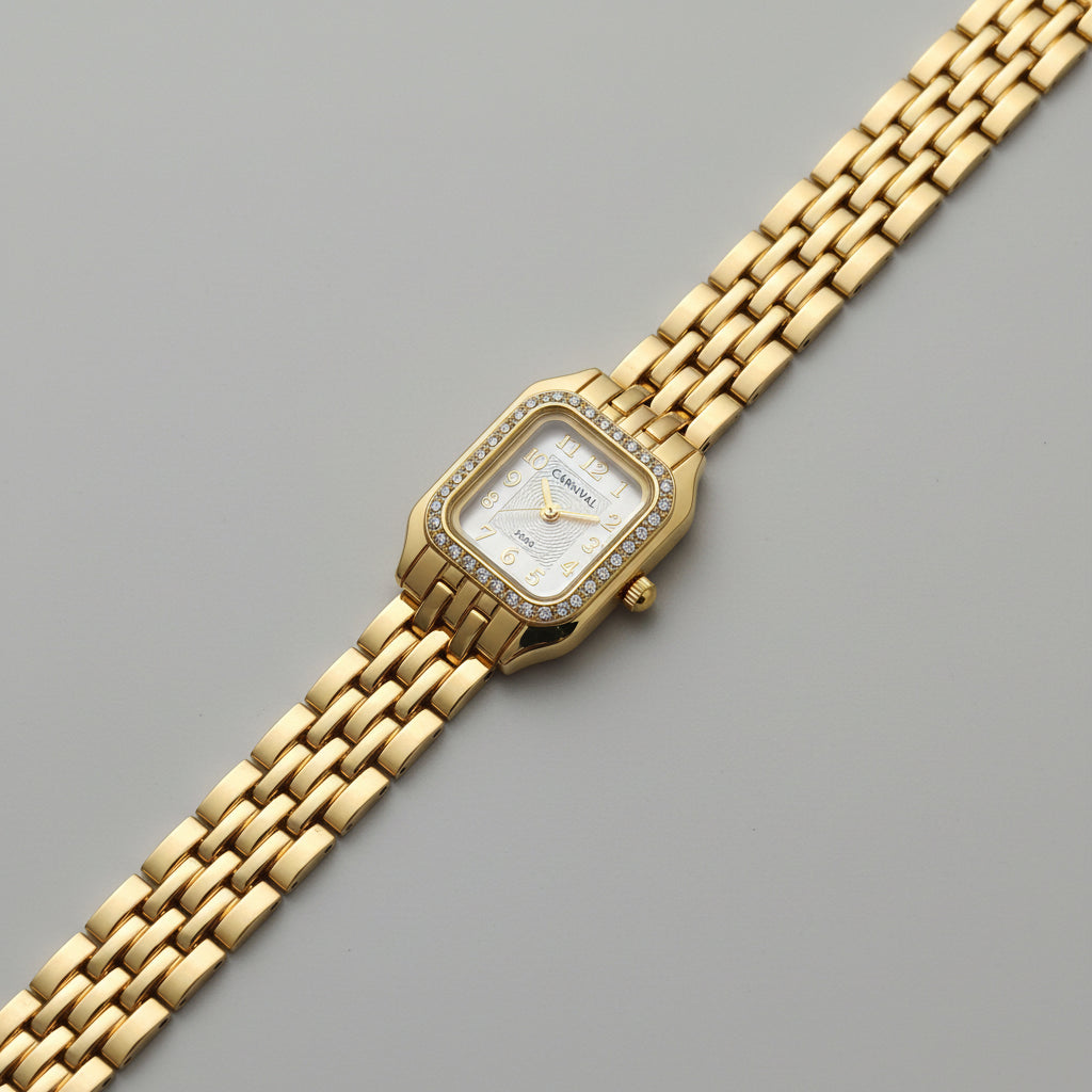 Elegant Gold Crystal Square Dial Watch for Women | Vintage Bracelet Wrist Watch