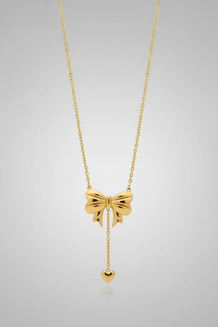 Gold Bow Pendant Necklace with Heart Drop | Cute Feminine Statement Chain
