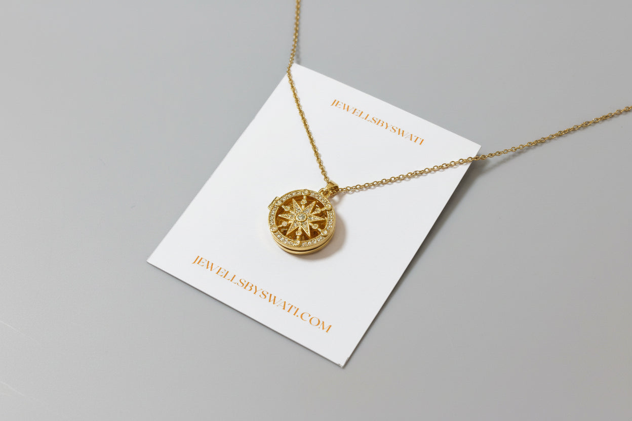 Vintage Sunburst Round Locket Necklace | Gold Crystal Photo Pendant for Women