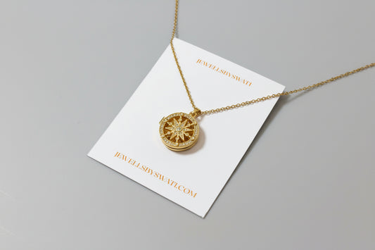 Vintage Sunburst Round Locket Necklace | Gold Crystal Photo Pendant for Women