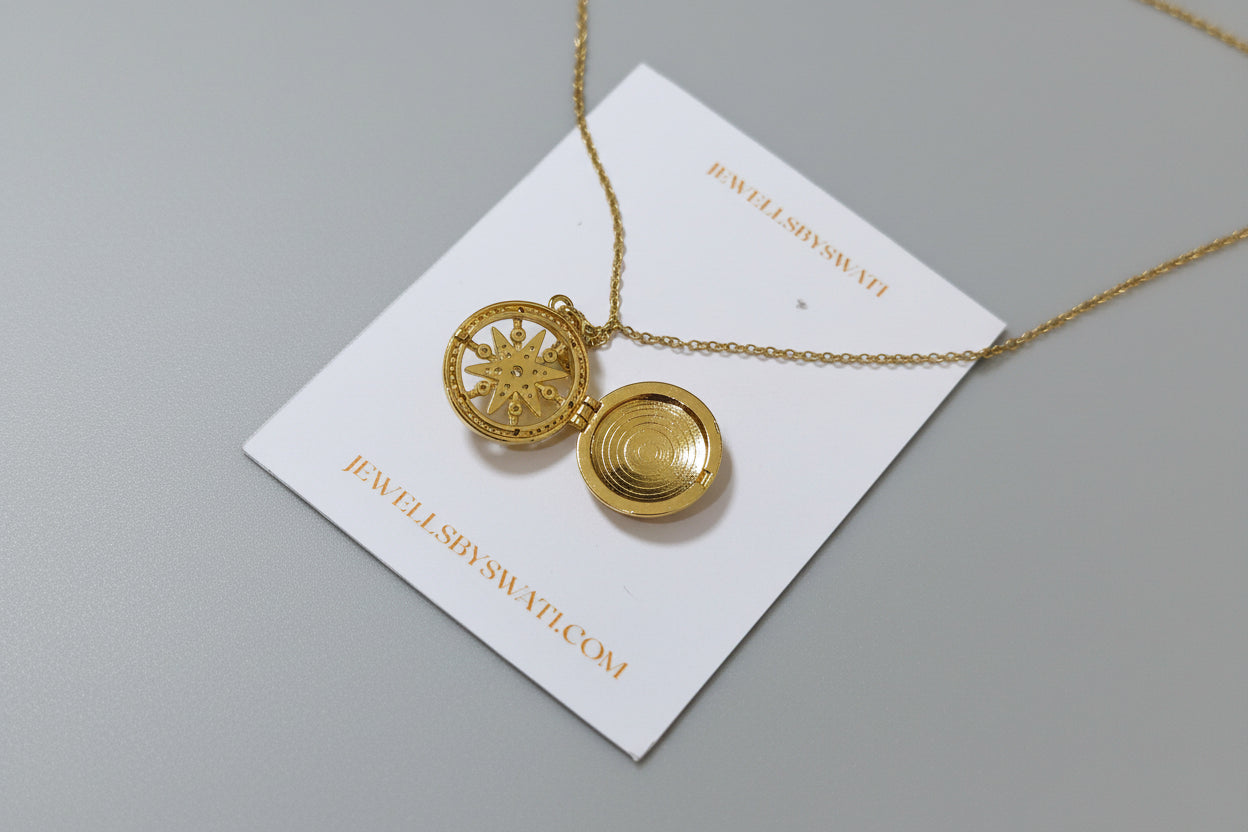 Vintage Sunburst Round Locket Necklace | Gold Crystal Photo Pendant for Women