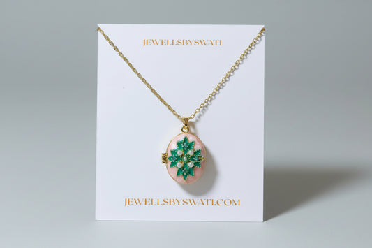 Vintage Floral Enamel Oval Locket Necklace | Gold Photo Pendant for Women