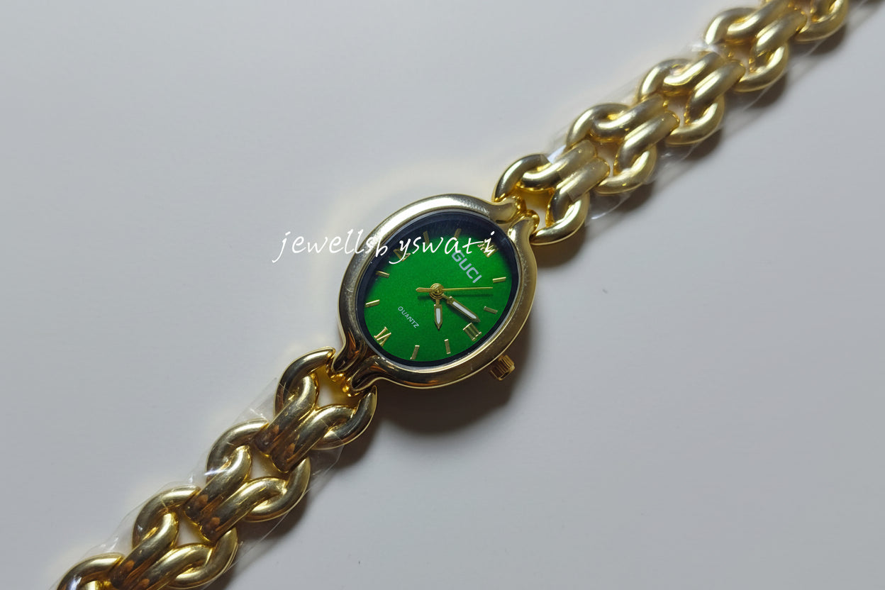 Luxury Gold Chain Watch for Women | Emerald Green Dial Statement Bracelet Watch
