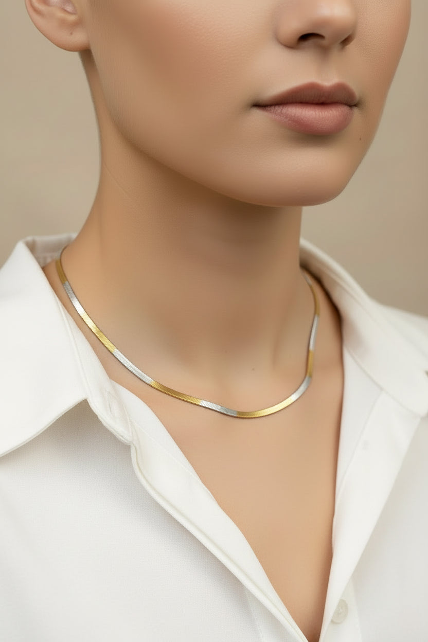 21 Inch Dual Shade Snake Chain Necklace – Unisex Waterproof Anti-Tarnish Stainless Steel Two-Tone Flat Chain