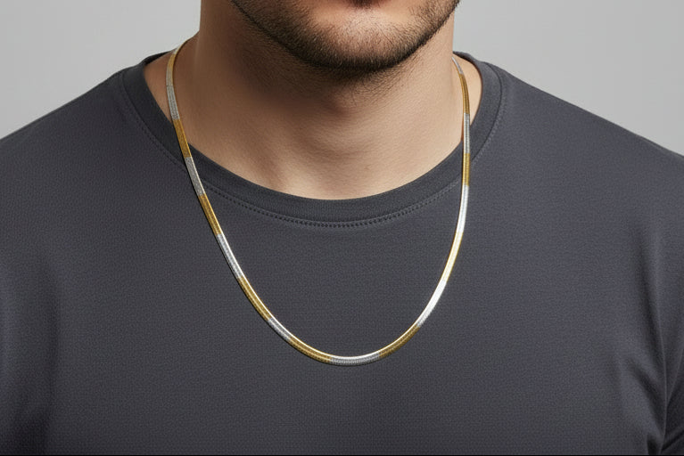 21 Inch Dual Shade Snake Chain Necklace – Unisex Waterproof Anti-Tarnish Stainless Steel Two-Tone Flat Chain