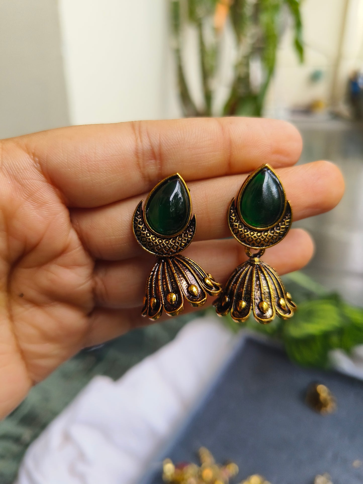 Neetanjli Drops :Antique Gold Green Stone Stud Earrings