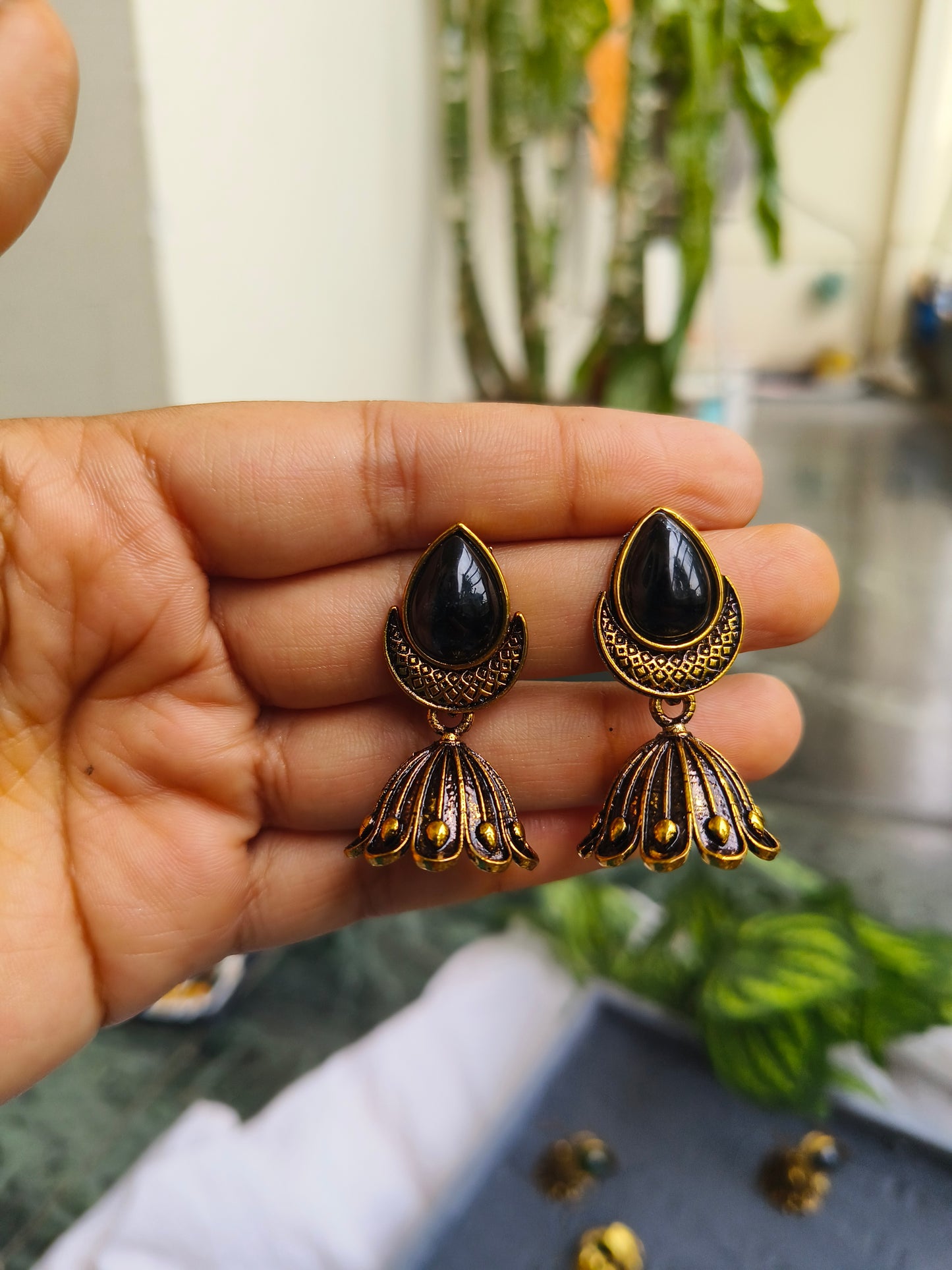 Neetanjli Drops :Antique Gold Green Stone Stud Earrings
