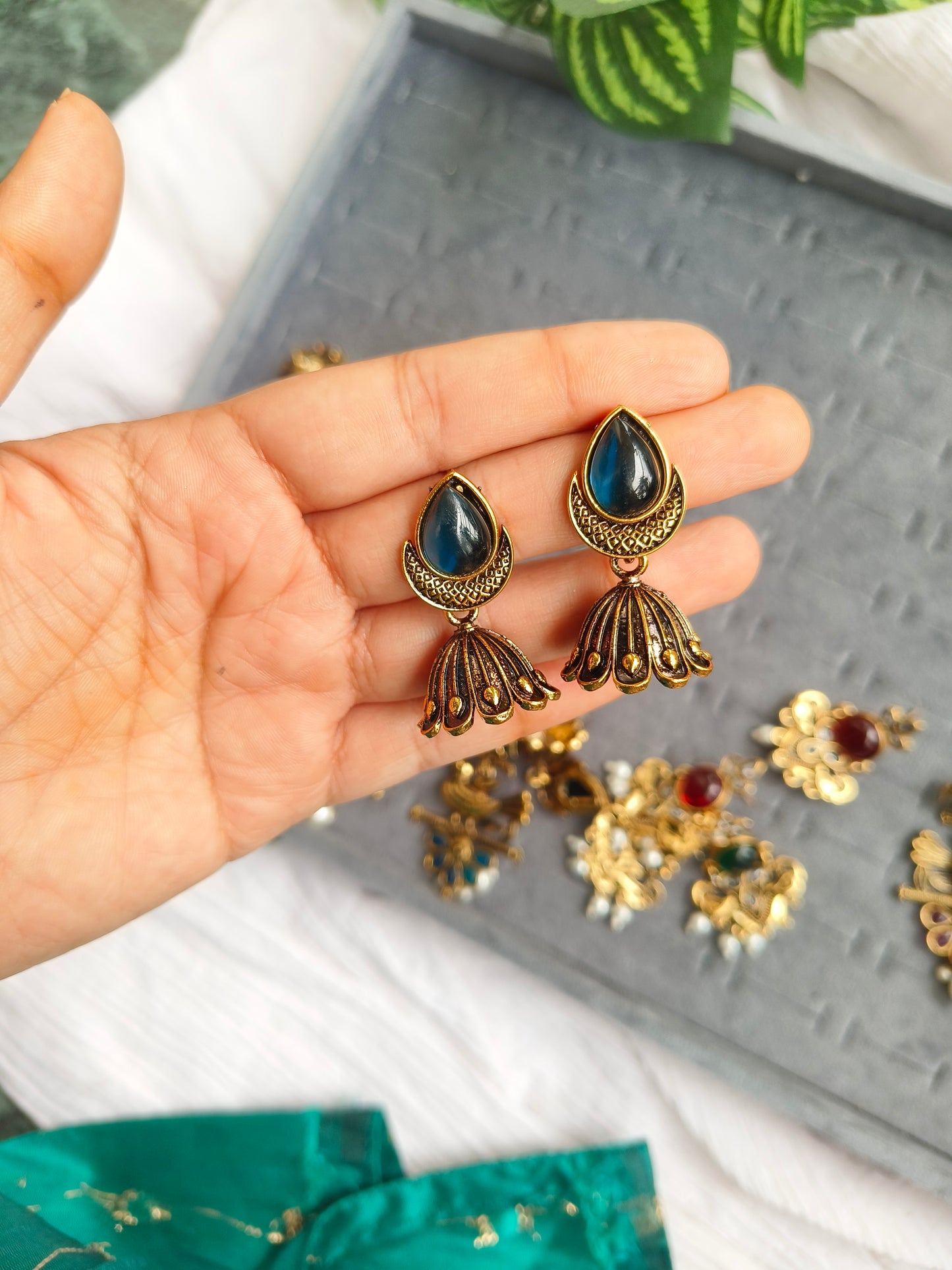 Neetanjli Drops :Antique Gold Green Stone Stud Earrings