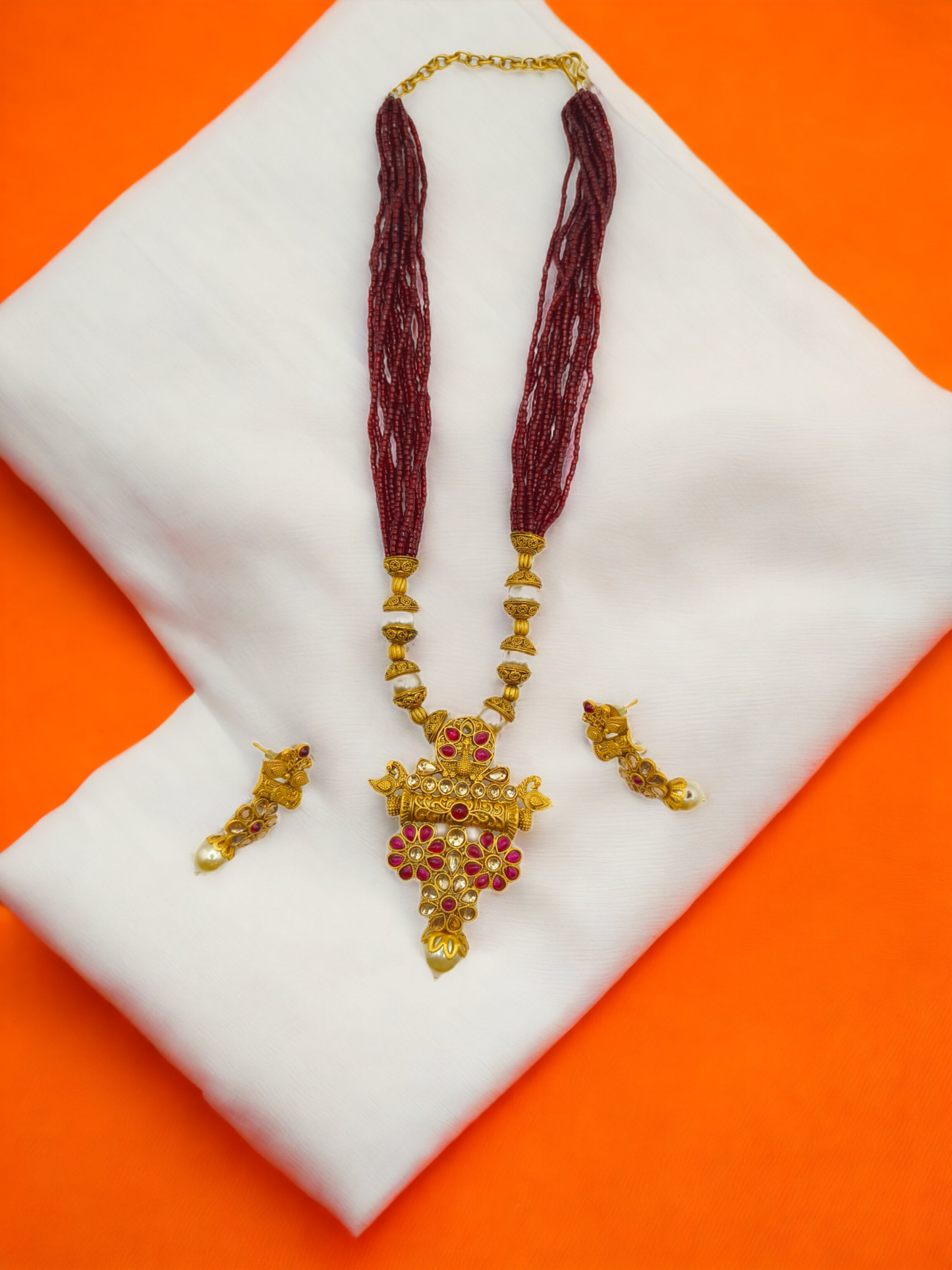 Golden Kundan Pearl Beaded Necklace Set