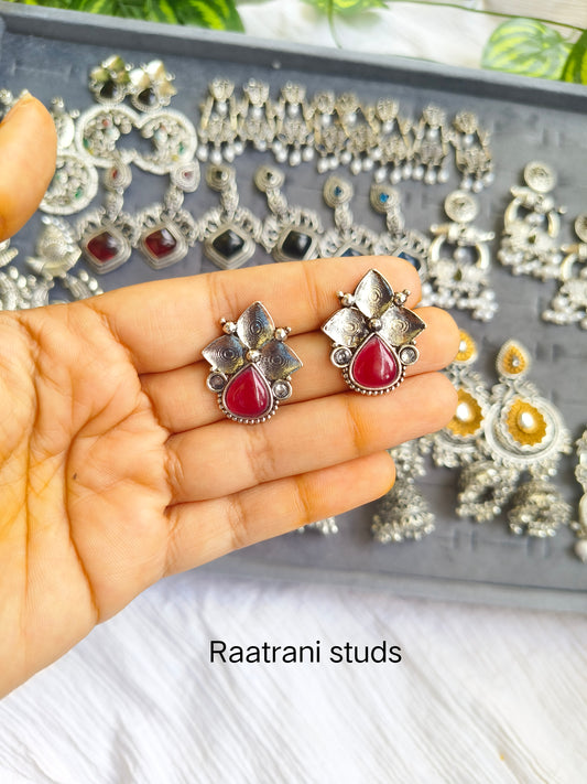RAATRANI"Oxidised Silver Floral Stud Earrings with Black Stone – Ethnic Statement Jewellery"