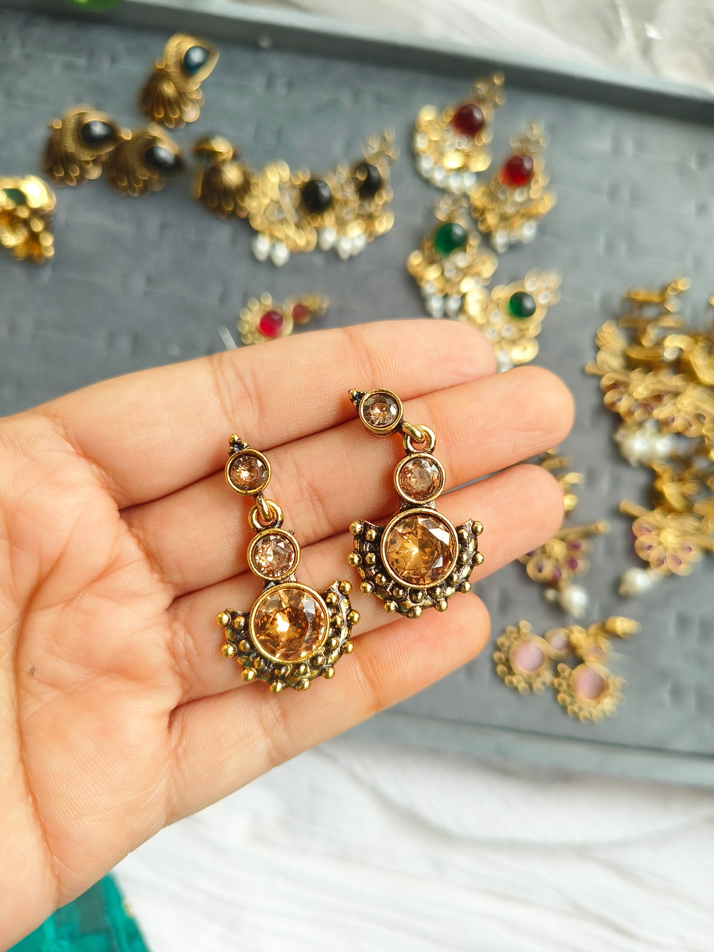 SAANJH TARA :Antique Gold-Plated Brown Stone Drop Earrings | Ethnic Statement Jewelry