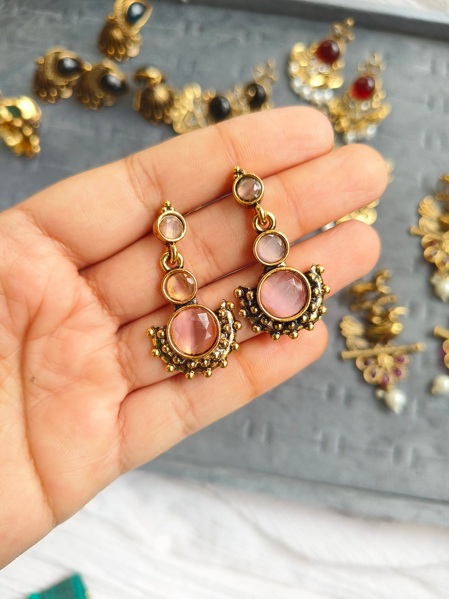 SAANJH TARA :Antique Gold-Plated Brown Stone Drop Earrings | Ethnic Statement Jewelry