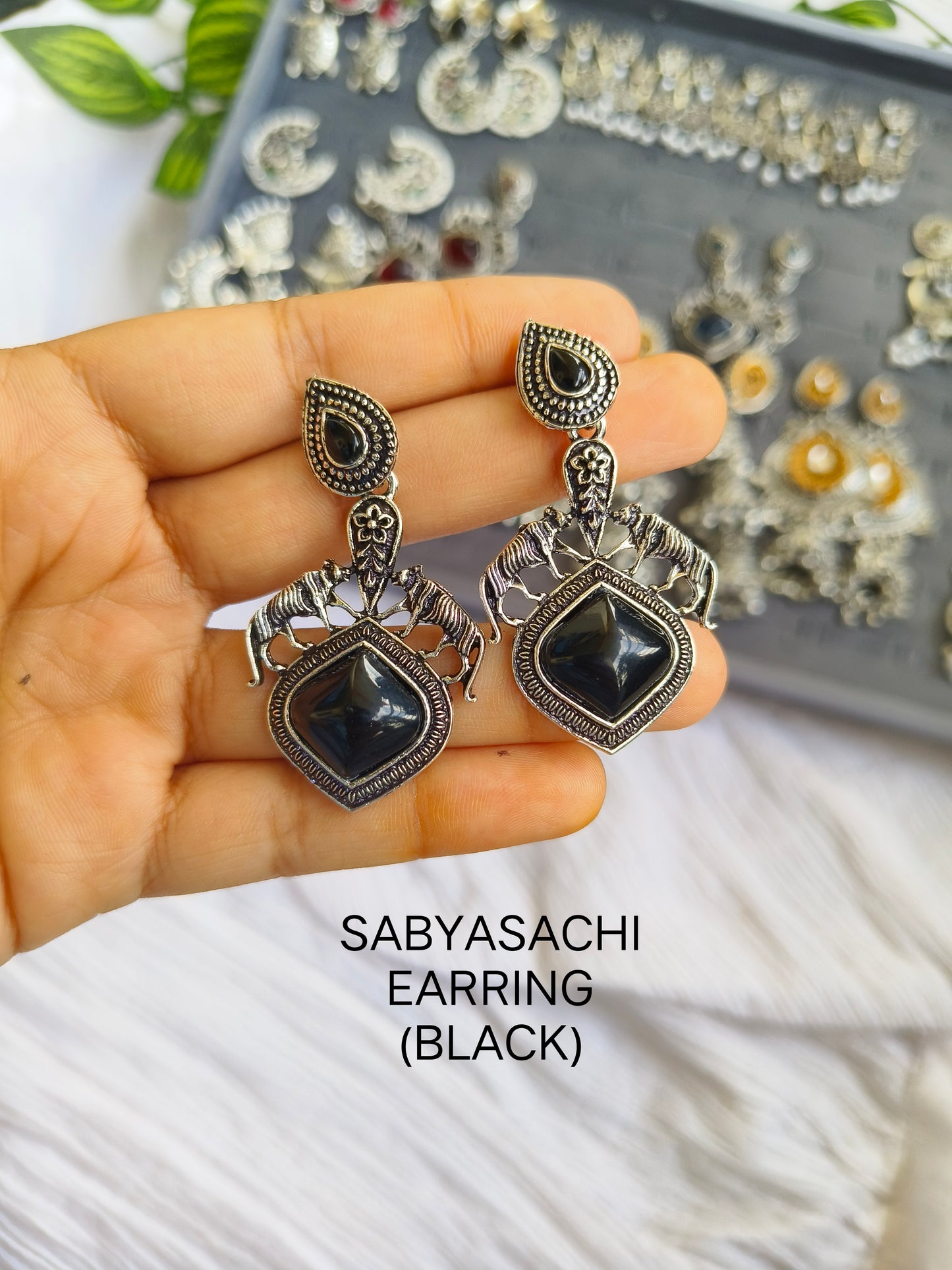 Sabyasachi Inspired Oxidised Silver Earrings with Red stone