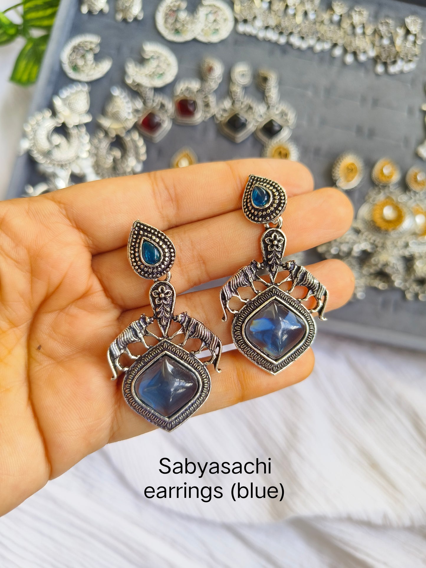Sabyasachi Inspired Oxidised Silver Earrings with Red stone