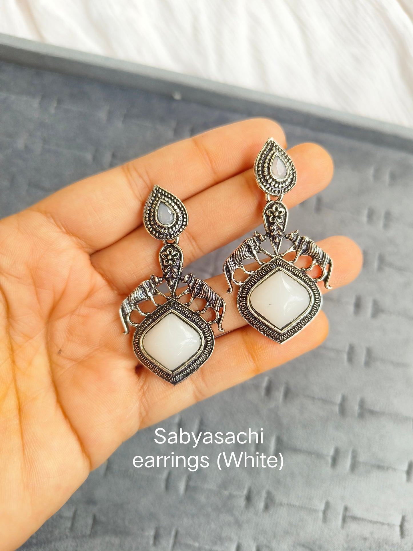 Sabyasachi Inspired Oxidised Silver Earrings with Red stone