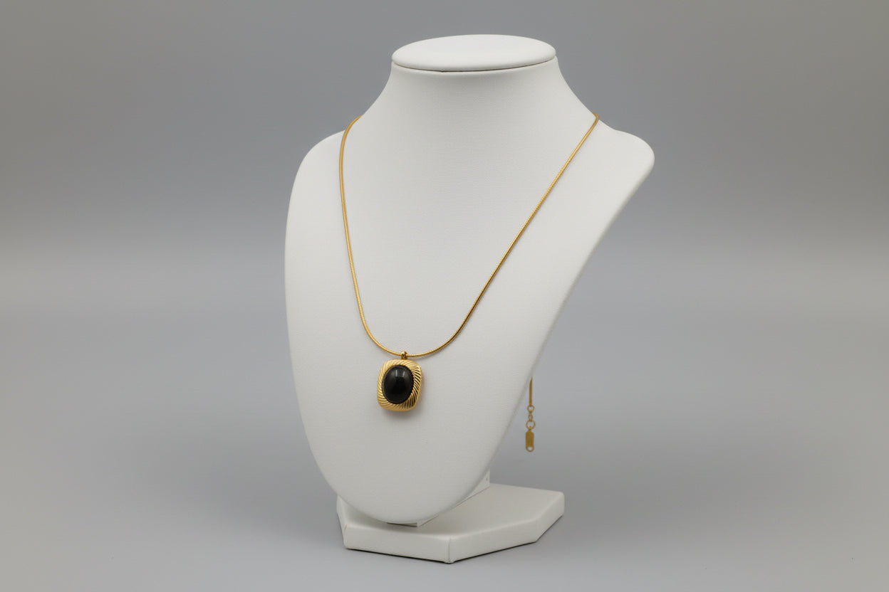Gold Plated Black Stone Pendant Necklace – Minimal Square Statement Chain for Women
