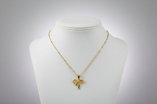 old Plated Bow Pendant Necklace – Minimal Cute Ribbon Charm Chain for Women