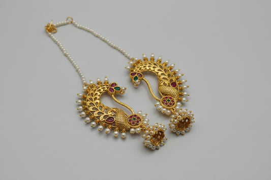 Royal Peacock Gold Ear Cuff Jhumka with Pearls – Traditional Statement Earring