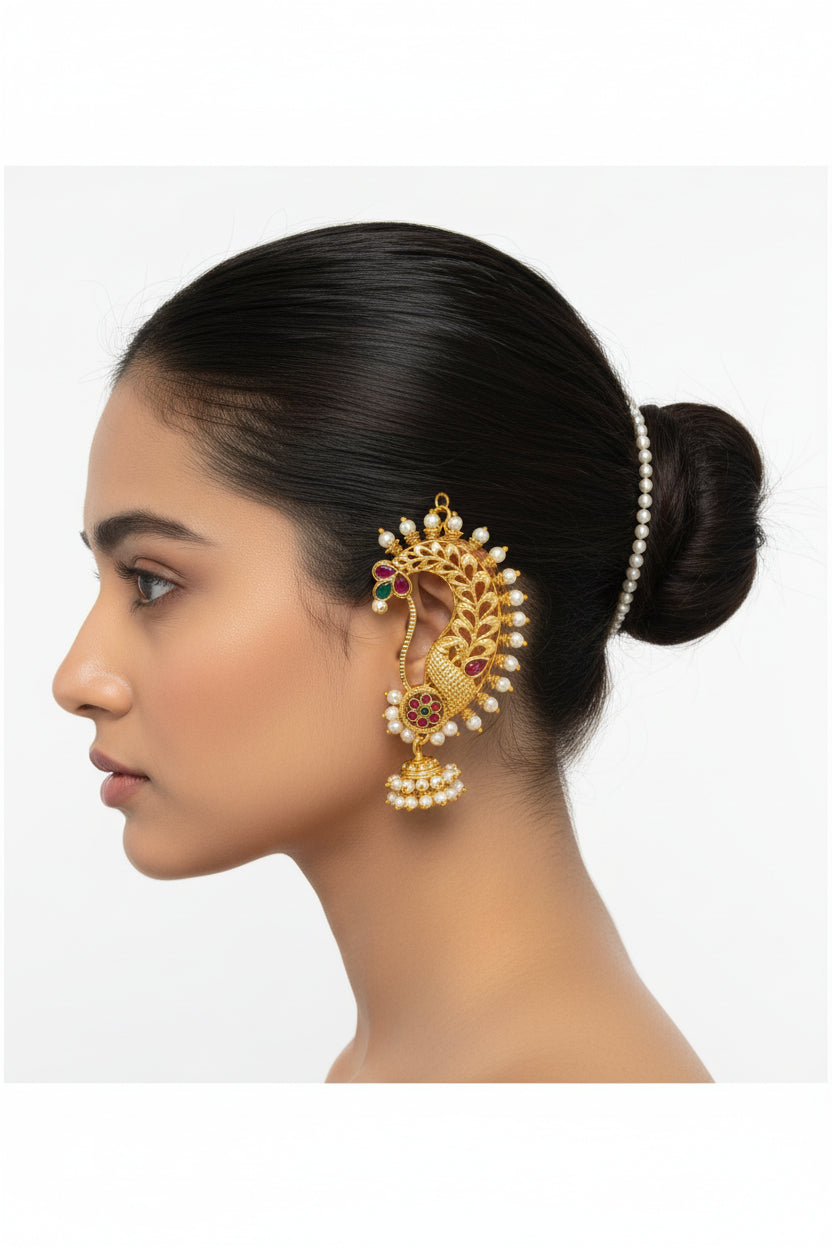 Gold Plated Temple Peacock Jhumka Earrings with Pearl Chain & Pink Green Stones
