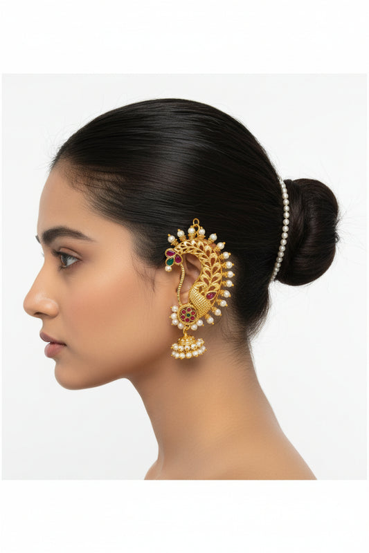 Royal Peacock Gold Ear Cuff Jhumka with Pearls – Traditional Statement Earring