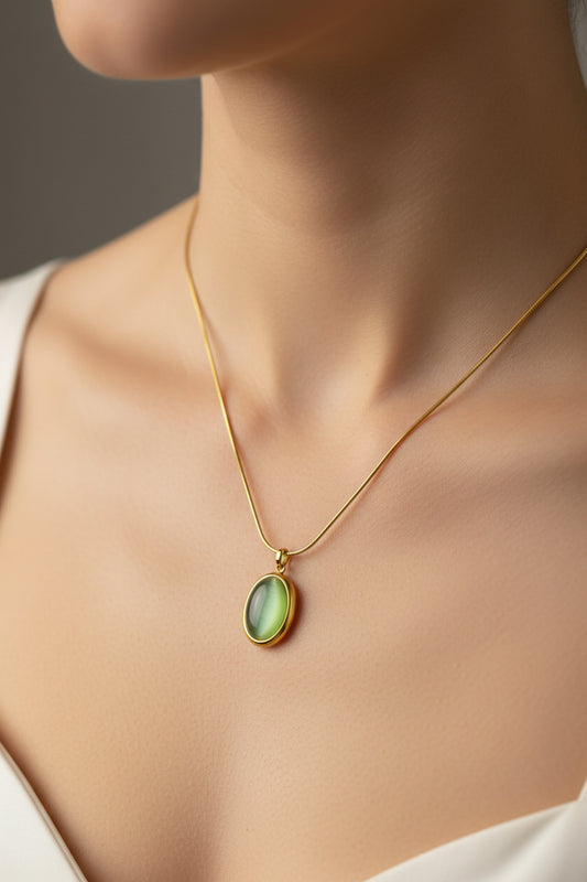 Anti-Tarnish Gold Necklace with Green Oval Pendant