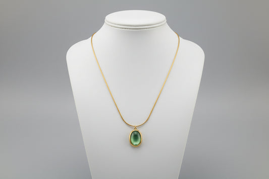 Anti-Tarnish Gold Necklace with Green Oval Pendant