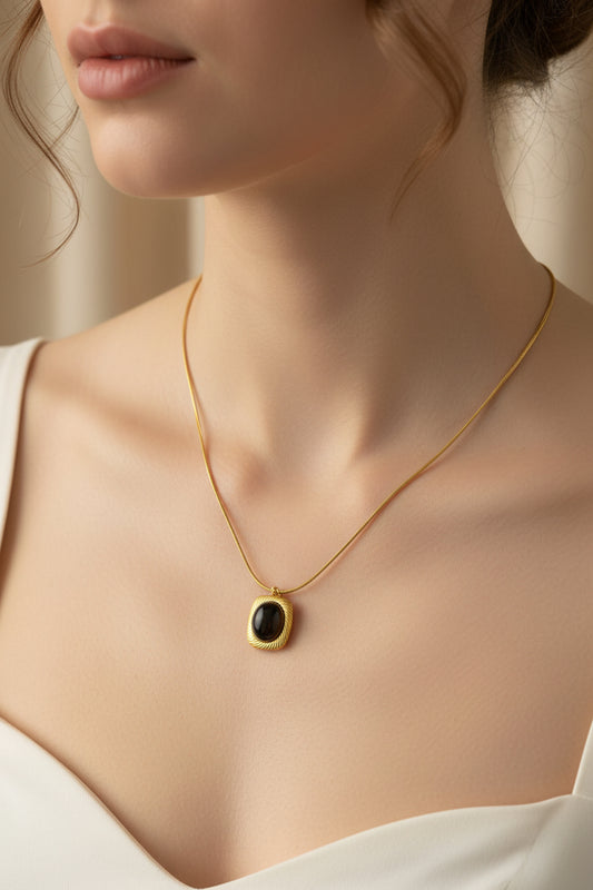 Gold Plated Black Stone Pendant Necklace – Minimal Square Statement Chain for Women