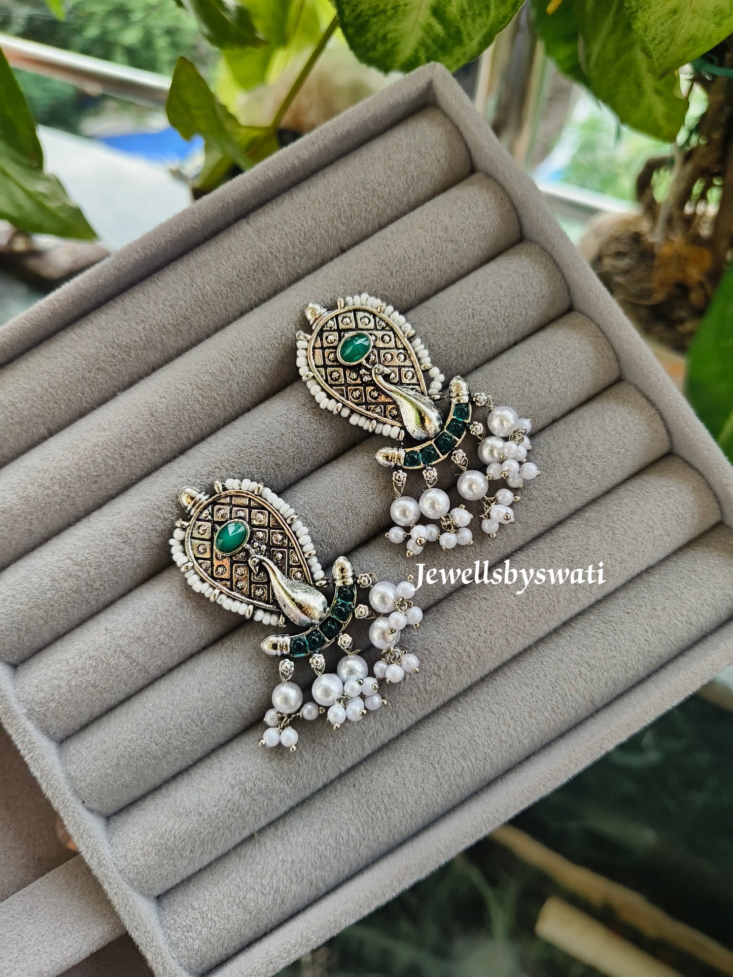 Noor Pearl Green  Peacock Earrings