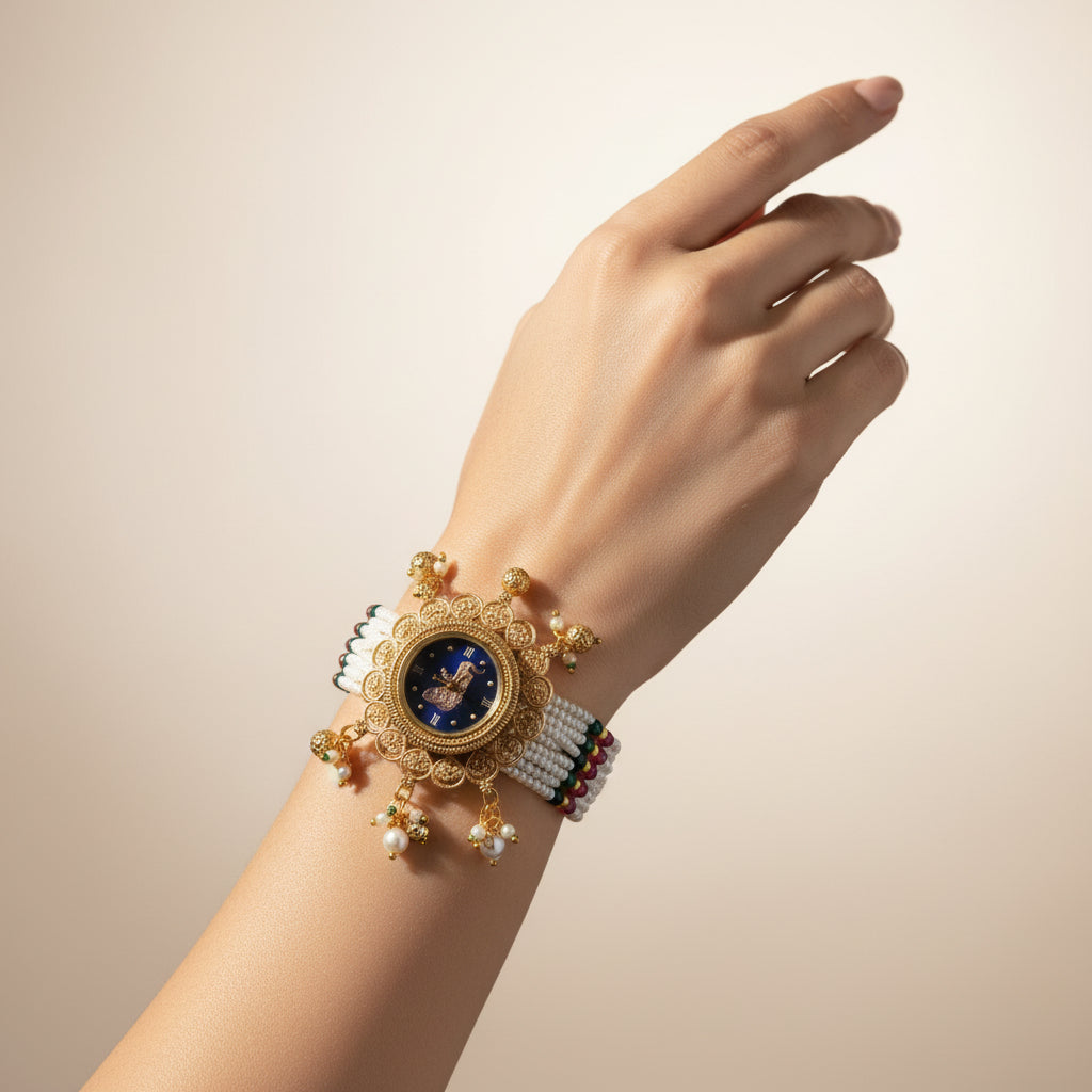 Heritage Pearl Bracelet Watch – Antique Gold Ethnic Watch for Women