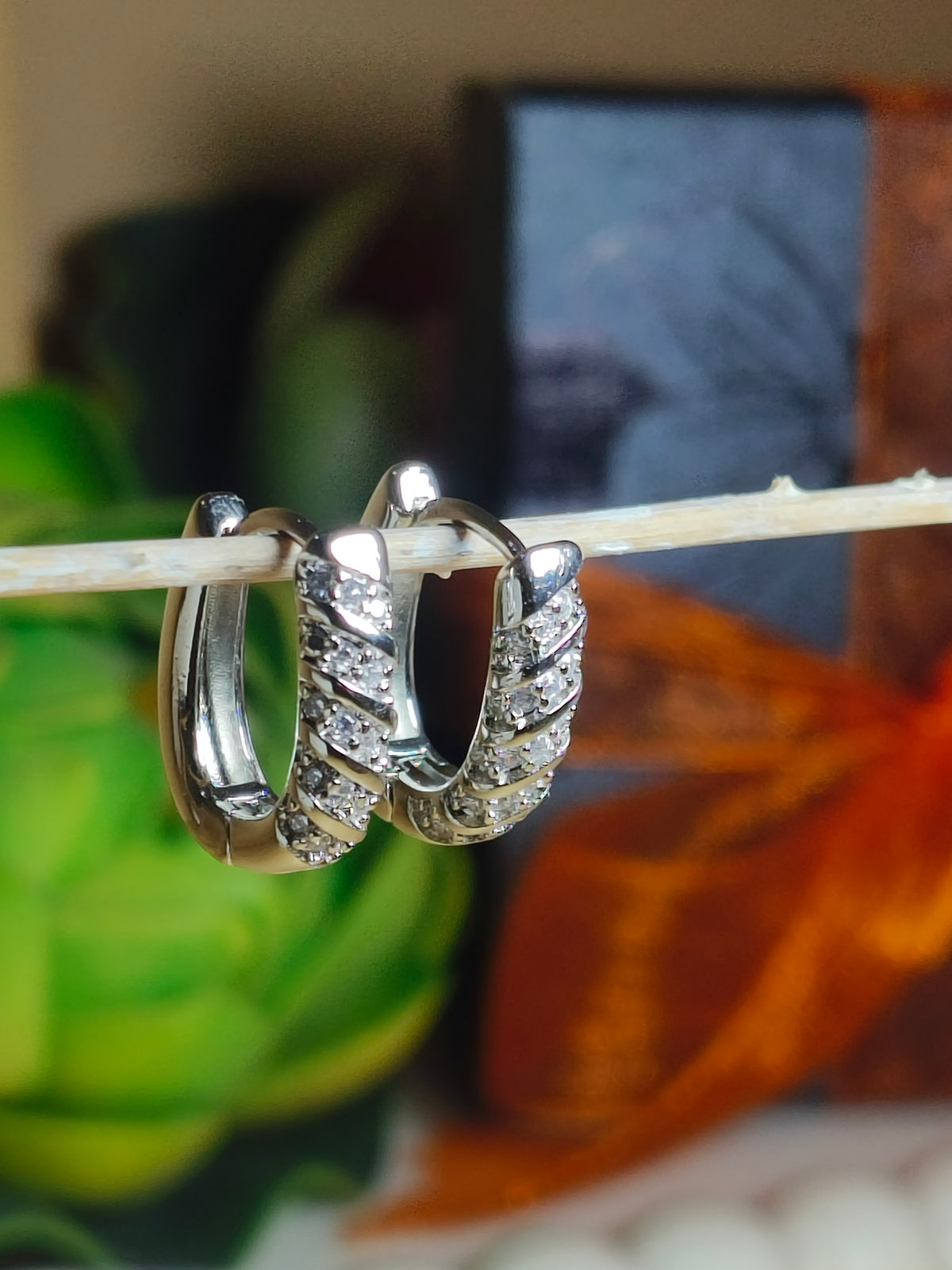 Silver CZ Twisted Bar Hoop Earrings