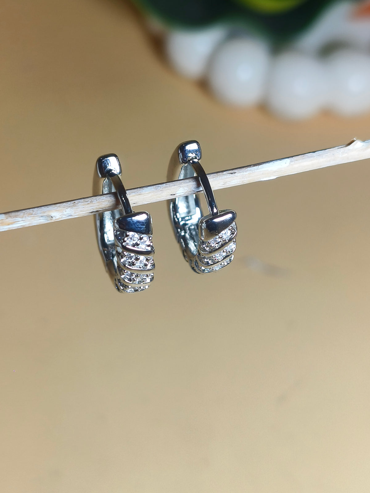Silver CZ Twisted Bar Hoop Earrings