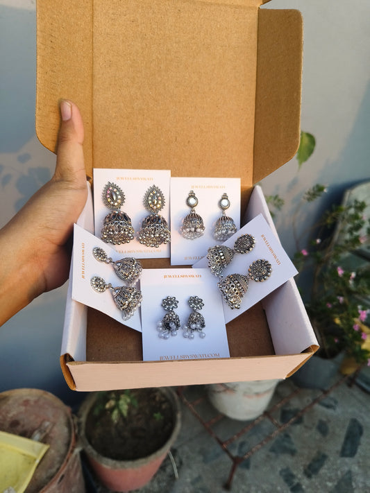Combo of 5 Oxidized Silver Jhumka Earrings Set |