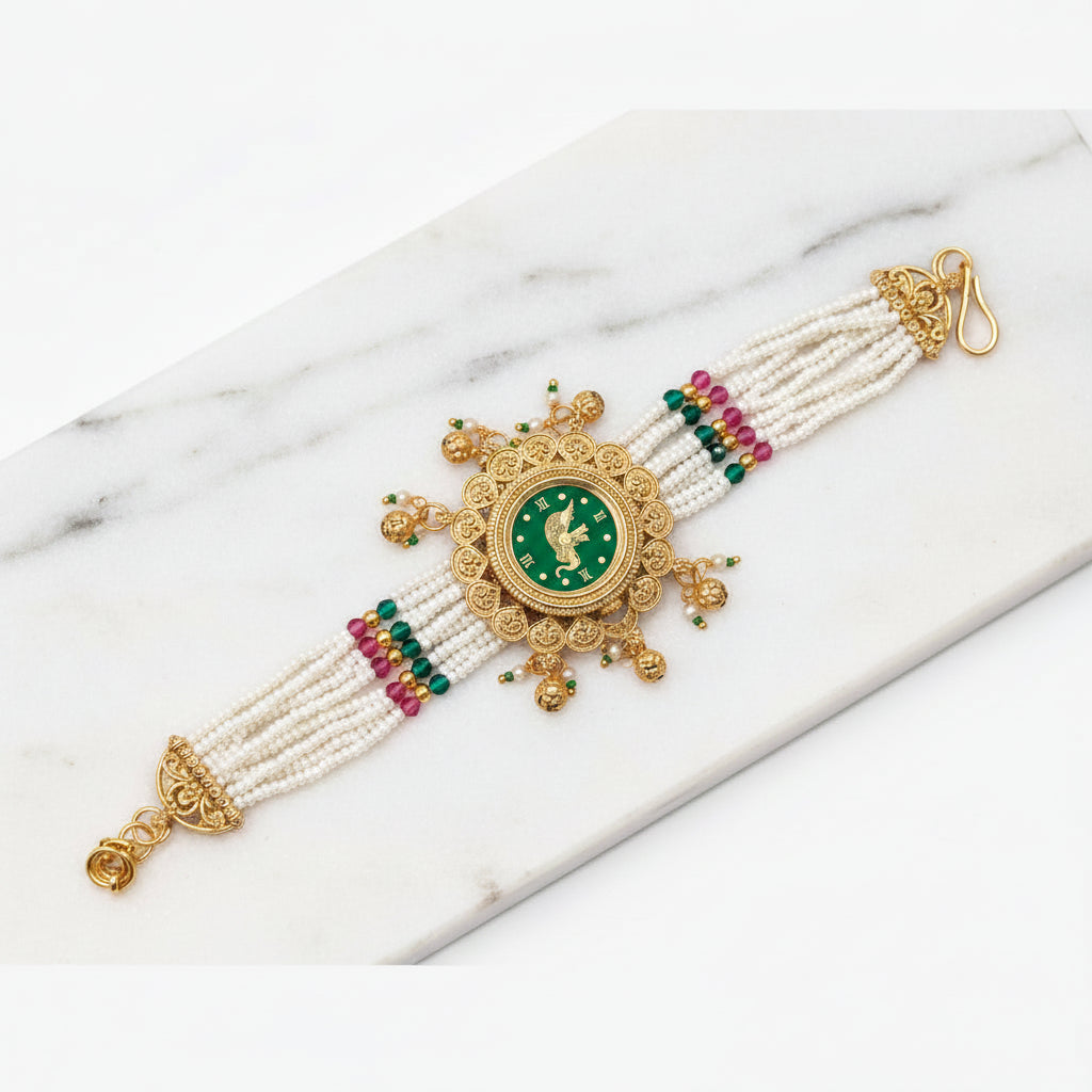 Heritage Pearl Bracelet Watch – Antique Gold Ethnic Watch for Women